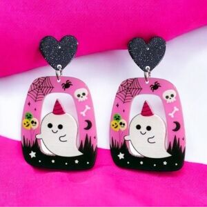 Cool Halloween Black Heart Hollow Out Ghost Pink‎ Acrylic Earrings